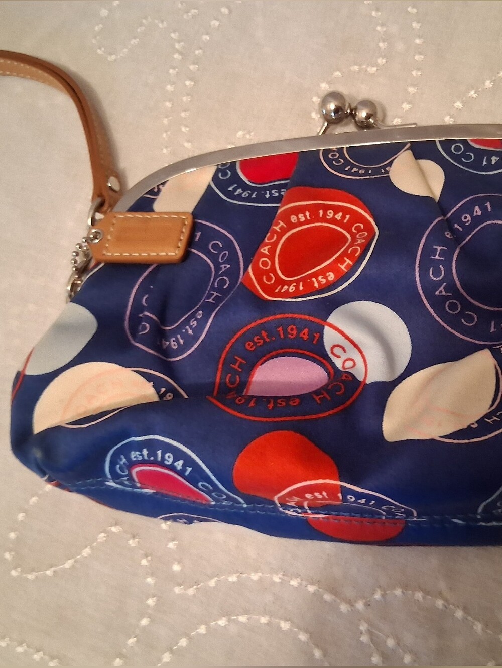 Coach Blue Polka Dot Kiss-Lock Wristlet with Red & Cream Accents
